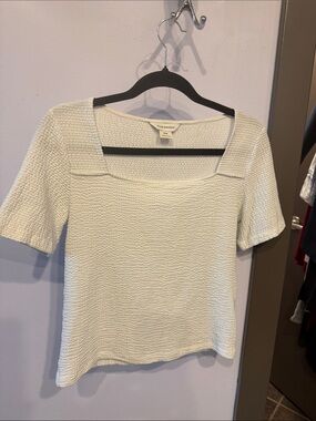 Club Monaco White Textured Square-Neck Short Sleeve Top